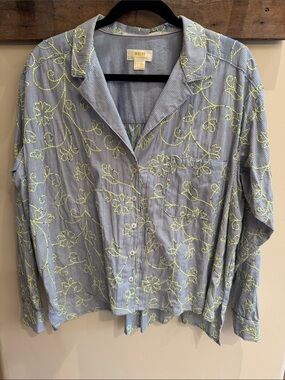 Maeve Blue-White Striped Shirt with Neon Yellow Floral Stitching & Sequins Sz 14